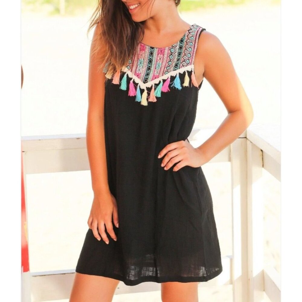 Entro Gauzed Shift Mini Dress Contrasting Embroidery Tassels Sleeveless Cotton B